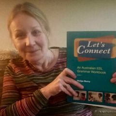 Helga Burry with her book, Let's Connect: An Australian ESL Grammar Workbook