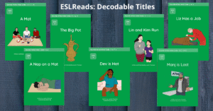 Covers of new decodable reading books from ESL Reads
